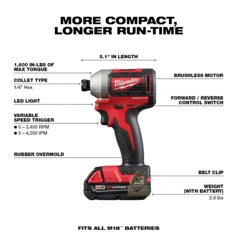 Atornillador impacto 1/4" Hex M18 Milwaukee 2850-20 (solo herramienta) - Imagen 3