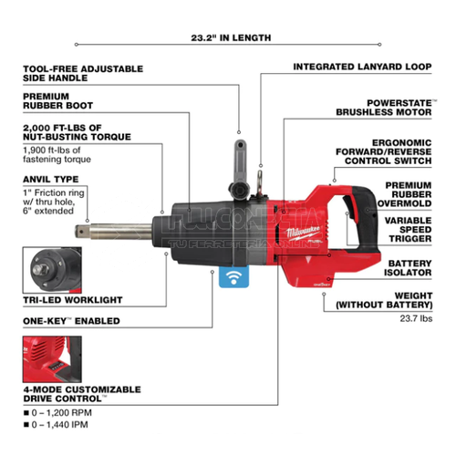Llave de impacto 1” mango en D M18 FUEL™ con ONE-KEY Milwaukee 2869-20 (solo herramienta) - Imagen 2