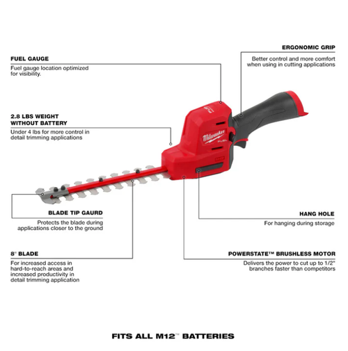 Cortasetos 8" M12 FUEL™ Milwaukee 2533-20 (solo herramienta) - Imagen 2