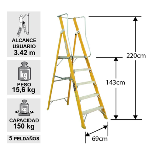 Escalera de fibra de vidrio plataforma 5 peldaños con baranda doble EFP-05 - Imagen 2