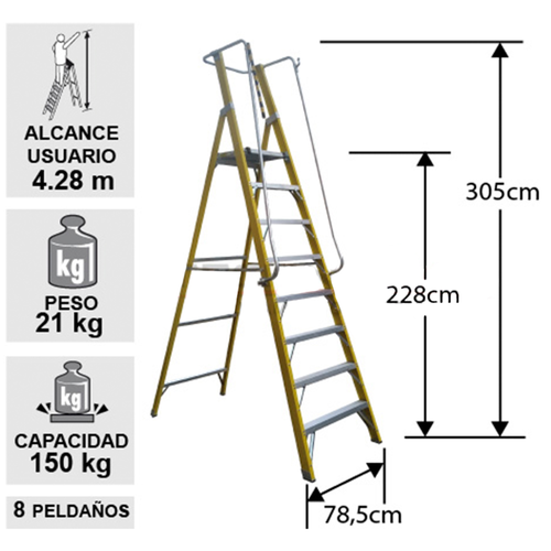 Escalera de fibra de vidrio plataforma 8 peldaños con baranda doble EFP-08 - Imagen 2