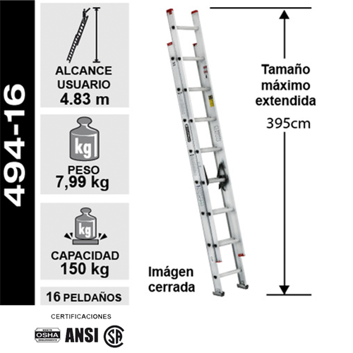 Escalera telescópica de aluminio 3,96m 16 peldaños 150 kg Cuprum - Imagen 2