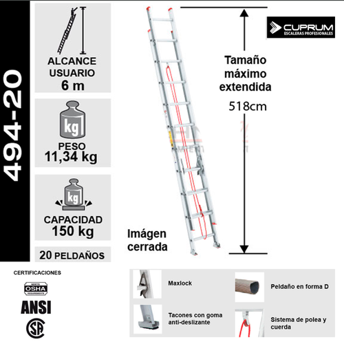 Escalera telescópica de aluminio 5,18m 20 peldaños 150 kg Cuprum - Imagen 2