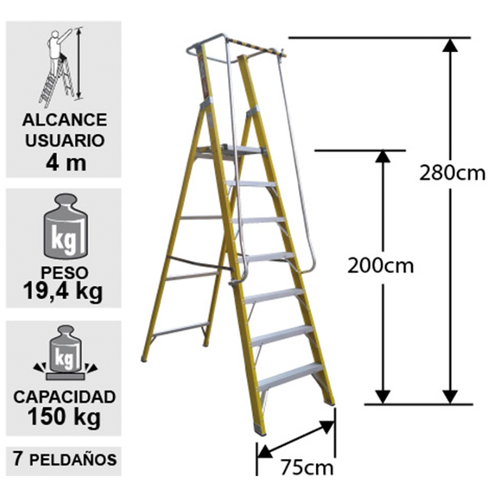 Escalera de fibra de vidrio plataforma 7 peldaños con baranda doble EFP-07 - Imagen 2
